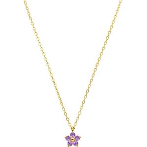 Stalen goldplated ketting bloem zirkonia paars