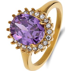 Stalen goldplated vintage ring met paars zirkonia