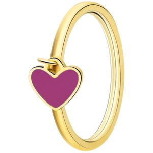 Lucardi Kinder Stalen goldplated ring met hart emaille fuchsia - Ring - Staal - Goudkleurig - 17 / 53 mm