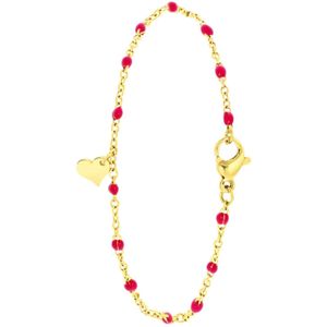 Stalen armband gold graveer hart fuchsia emaille