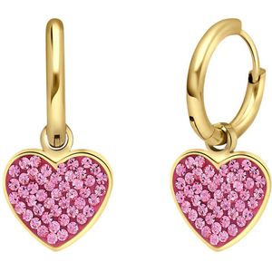 Stalen goldplated oorbellen hart met kristal roze