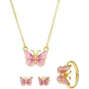 Goudkleurige bijoux set met roze vlinder
