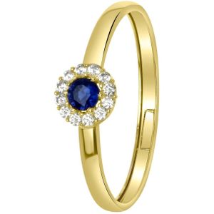 14 karaat geelgouden ring met wit & blauwe zirkonia