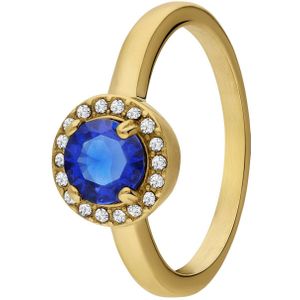 Stalen goldplated vintage ring met blauwe zirkonia
