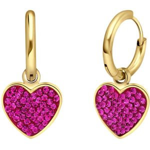 Stalen goldplated oorbellen hart kristal fuchsia