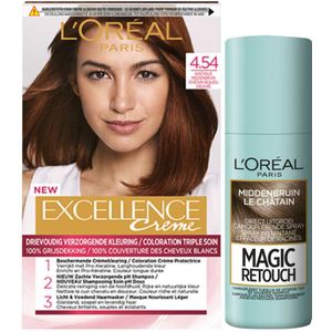 L'Oréal Excellence Creme Haarverf 4.54 Kastanje Middenbruin + Magic Retouch Uitgroeispray Middenbruin 75 ml Pakket