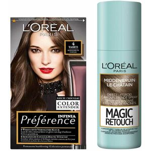 L'Oréal Preference Haarkleuring 04 Tahiti - Middenbruin + Magic Retouch Uitgroeispray Middenbruin 75 ml Pakket