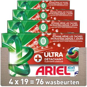 4x Ariel 4in1 Wasmiddel Pods Ultra Vlekverwijderaar 19 stuks