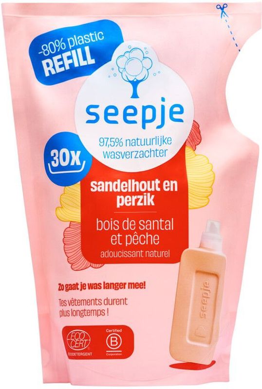 1+1 gratis: Seepje Wasverzachter Navulling Sandelhout en Perzik 30 Wasbeurten 750 ml