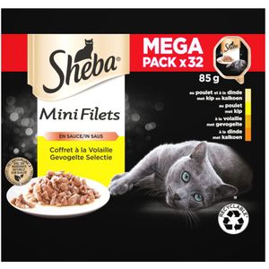 Sheba Mini Filets in Saus Megapack Selectie van Gevogelte 32 x 85 gr