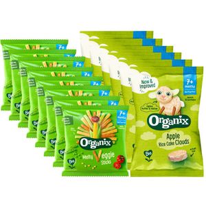 Organix Snack pakket 7+m - Luchtige Rijstwafeltjes Appel 6x 40 gr & Knabbels Groentesticks 8x 15 gr - Pakket