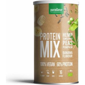 6x Purasana Vegan Erwt Hennep Zonnebloem Pompoen Proteine Mix Banaan BIO 400 gr