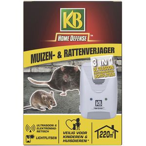 KB Home Defense Muizen- en Rattenverjager 220 m2 Ultrasoon, Elektromagnetisch en Lichtflitsen