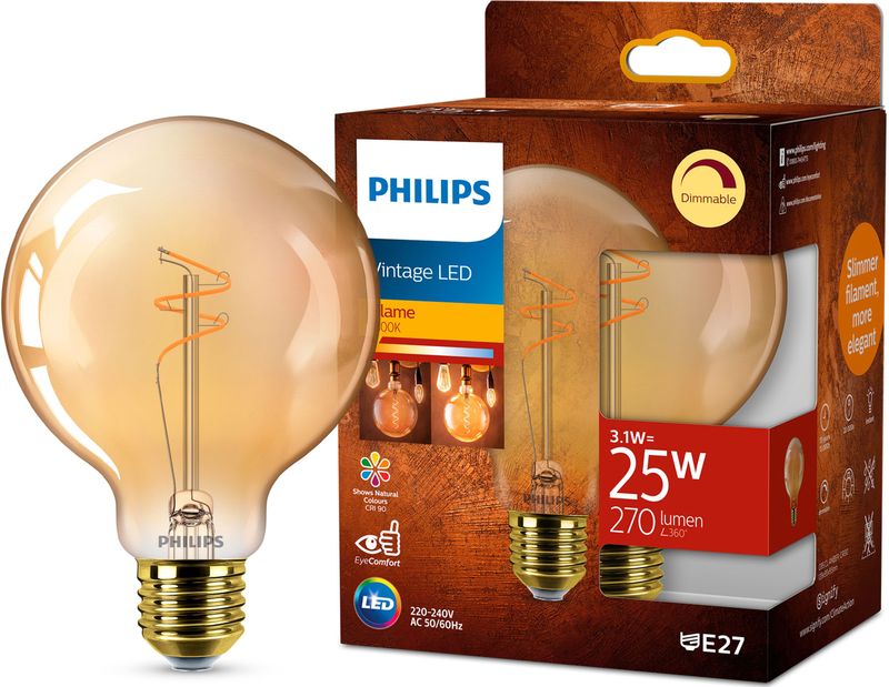 Philips - Vintage LED Dimbare Globe G95 - Amberkleurig Glas - 60W