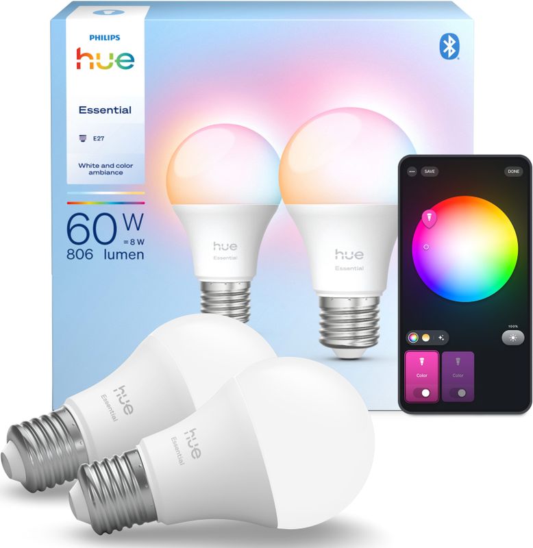 Philips - Hue Essential - Slimme A60 Lamp - Wit en Gekleurd Licht - 2-pack