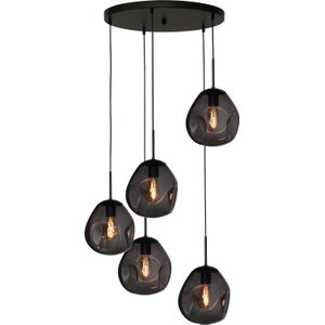 Hanglamp Lava 5-lichts mat zwart met smokeglas