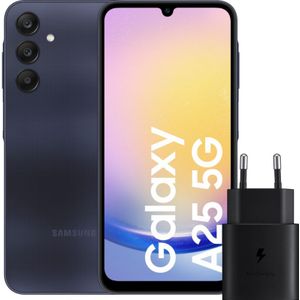 Samsung Galaxy A25 128GB Donkerblauw 5G + Samsung Oplader 25 Watt Zwart