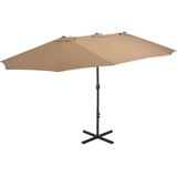 <p>Deze parasol is de perfecte keuze om schaduw te creëren en jezelf te beschermen tegen schadelijke UV-straling. Het parasoldoek is gemaakt van UV-beschermend en anti-vervagend polyester, waardoor het optimale bescherming biedt en gemakkelijk schoon te maken is.</p>
<p>De parasol heeft een stevige kruisvoet die bijdraagt aan de stabiliteit. Het exclusieve ontwerp van deze parasol stelt je in staat om grote delen van de zon te blokkeren. De sterke aluminium paal en de 12 duurzame baleinen maken de parasol zeer stabiel en duurzaam.</p>
<p>Met het zwengelmechanisme kan de tuinparasol eenvoudig geopend en gesloten worden. Het product is ook eenvoudig te monteren. Let op, wij adviseren om het doek te behandelen met een waterdichtmakende spray als het wordt blootgesteld aan zware regenval.</p>
<ul>
  <li>Kleur: taupe</li>
  <li>Materiaal: stof en aluminium paal en baleinen</li>
  <li>Totale afmetingen: 460 x 270 x 246 cm (L x B x H)</li>
  <li>Afmetingen kruisvoet: 100 x 100 cm (L x B)</li>
  <li>Diameter buis: 48 mm</li>
  <li>Met zwengelsysteem</li>
  <li>Met 12 baleinen</li>
  <li>Materiaal: Polyester: 100%</li>
</ul>