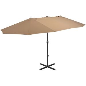 <p>Deze parasol is de perfecte keuze om schaduw te creëren en jezelf te beschermen tegen schadelijke UV-straling. Het parasoldoek is gemaakt van UV-beschermend en anti-vervagend polyester, waardoor het optimale bescherming biedt en gemakkelijk schoon te maken is.</p>
<p>De parasol heeft een stevige kruisvoet die bijdraagt aan de stabiliteit. Het exclusieve ontwerp van deze parasol stelt je in staat om grote delen van de zon te blokkeren. De sterke aluminium paal en de 12 duurzame baleinen maken de parasol zeer stabiel en duurzaam.</p>
<p>Met het zwengelmechanisme kan de tuinparasol eenvoudig geopend en gesloten worden. Het product is ook eenvoudig te monteren. Let op, wij adviseren om het doek te behandelen met een waterdichtmakende spray als het wordt blootgesteld aan zware regenval.</p>
<ul>
  <li>Kleur: taupe</li>
  <li>Materiaal: stof en aluminium paal en baleinen</li>
  <li>Totale afmetingen: 460 x 270 x 246 cm (L x B x H)</li>
  <li>Afmetingen kruisvoet: 100 x 100 cm (L x B)</li>
  <li>Diameter buis: 48 mm</li>
  <li>Met zwengelsysteem</li>
  <li>Met 12 baleinen</li>
  <li>Materiaal: Polyester: 100%</li>
</ul>