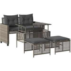 vidaXL 4-delige Loungeset met kussens poly rattan en glas lichtgrijs