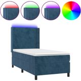 vidaXL Boxspring met Matras en LED Fluweel Donkerblauw 100x200 cm