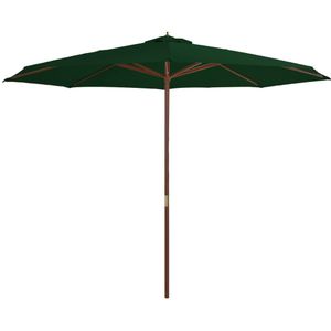 <p>Deze praktische parasol is de perfecte keuze om wat schaduw te creëren en jezelf te beschermen tegen de schadelijke uv-straling van de zon. Het parasoldoek is gemaakt van uv-beschermend en anti-vervagend polyester, waardoor het je optimale bescherming tegen de zon biedt en gemakkelijk schoon te maken is.</p>
<p>De paaldiameter van 48 mm maakt het mogelijk om de parasol in een bestaande voet of in het midden van een tafel te plaatsen. De sterke houten paal en baleinen zorgen voor stabiliteit en duurzaamheid.</p>
<p>Deze tuinparasol kan eenvoudig geopend en gesloten worden dankzij het dubbele katrolsysteem. Het product is ook eenvoudig te monteren.</p>
<p>Let op, wij adviseren om het doek te behandelen met een waterdichtmakende spray als het wordt blootgesteld aan zware regenval.</p>
<ul>
  <li>Kleur: groen</li>
  <li>Materiaal frame: gelamineerd bamboe en hardhout</li>
  <li>Materiaal hoes: stof</li>
  <li>Totale afmetingen: 350 x 256 cm (ø x H)</li>
  <li>Diameter buis: 48 mm</li>
  <li>Met luchtventilatie en dubbel katrolsysteem</li>
  <li>Materiaal: Polyester: 100%</li>
</ul>