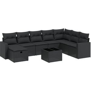 vidaXL 9-delige Loungeset met kussens poly rattan zwart