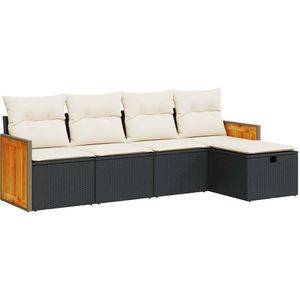 vidaXL 5-delige Loungeset met kussens poly rattan zwart