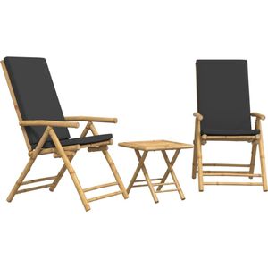 vidaXL 3-delige Bistroset inklapbaar met kussens bamboe donkergrijs