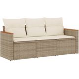 vidaXL 3-delige Loungeset met kussens poly rattan beige