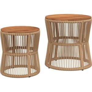 vidaXL Tuinbijzettafels 2 st met houten blad poly rattan beige