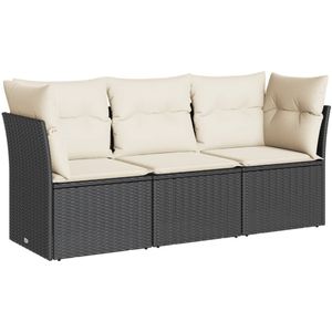 vidaXL 3-delige Loungeset met kussens poly rattan zwart