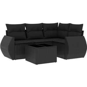 vidaXL 5-delige Loungeset met kussens poly rattan zwart