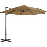 <p>Deze elegante hangende parasol is de perfecte keuze om wat schaduw te creëren en jezelf te beschermen tegen de schadelijke uv-straling van de zon. Het parasoldoek is gemaakt van UV-beschermend en anti-vervagend polyester waardoor het je optimale bescherming tegen de zon biedt en het gemakkelijk schoon te maken is.</p>
<p>De parasol beschikt over een stevige kruisvoet die bijdraagt aan de stabiliteit. Het exclusieve ontwerp van deze parasol stelt je in staat om de parasol te kantelen en 360 graden te draaien om zo de zon te kunnen blokkeren. De sterke aluminium paal, samen met de 8 duurzame baleinen, maakt de parasol zeer stabiel en duurzaam.</p>
<p>Onze tuinparasol kan eenvoudig geopend en gesloten worden dankzij het zwengelmechanisme. Het product is eenvoudig te monteren. Let op, wij adviseren om het doek te behandelen met een waterdichtmakende spray als hij wordt blootgesteld aan zware regenval.</p>
<ul>
  <li>Kleur doek: taupe</li>
  <li>Materiaal: stof met PA coating en aluminium</li>
  <li>Totale afmetingen: 300 x 238 cm (ø x H)</li>
  <li>Afmetingen kruisvoet: 64,5 x 64,5 cm (L x B)</li>
  <li>Met luchtventilatie en zwengelsysteem</li>
  <li>Kantelbaar en 360 graden draaibaar</li>
  <li>Inclusief 8 aluminium baleinen</li>
  <li>Materiaal: Polyester: 100%</li>
</ul>