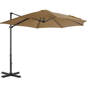 <p>Deze elegante hangende parasol is de perfecte keuze om wat schaduw te creëren en jezelf te beschermen tegen de schadelijke uv-straling van de zon. Het parasoldoek is gemaakt van UV-beschermend en anti-vervagend polyester waardoor het je optimale bescherming tegen de zon biedt en het gemakkelijk schoon te maken is.</p>
<p>De parasol beschikt over een stevige kruisvoet die bijdraagt aan de stabiliteit. Het exclusieve ontwerp van deze parasol stelt je in staat om de parasol te kantelen en 360 graden te draaien om zo de zon te kunnen blokkeren. De sterke aluminium paal, samen met de 8 duurzame baleinen, maakt de parasol zeer stabiel en duurzaam.</p>
<p>Onze tuinparasol kan eenvoudig geopend en gesloten worden dankzij het zwengelmechanisme. Het product is eenvoudig te monteren. Let op, wij adviseren om het doek te behandelen met een waterdichtmakende spray als hij wordt blootgesteld aan zware regenval.</p>
<ul>
  <li>Kleur doek: taupe</li>
  <li>Materiaal: stof met PA coating en aluminium</li>
  <li>Totale afmetingen: 300 x 238 cm (ø x H)</li>
  <li>Afmetingen kruisvoet: 64,5 x 64,5 cm (L x B)</li>
  <li>Met luchtventilatie en zwengelsysteem</li>
  <li>Kantelbaar en 360 graden draaibaar</li>
  <li>Inclusief 8 aluminium baleinen</li>
  <li>Materiaal: Polyester: 100%</li>
</ul>
