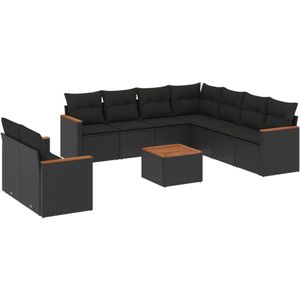 vidaXL 10-delige Loungeset met kussens poly rattan zwart