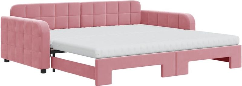vidaXL Slaapbank onderschuifbed en matrassen 100x200 cm fluweel roze