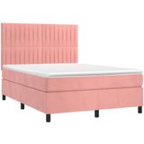 vidaXL Boxspring met matras fluweel roze 140x200 cm