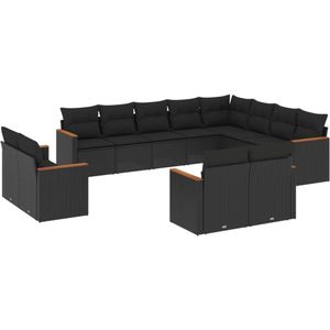 vidaXL 12-delige Loungeset met kussens poly rattan zwart