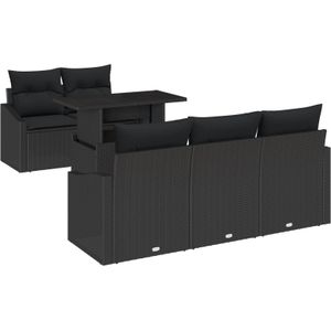 vidaXL 6-delige tuinbankset met kussens, zwart poly riet