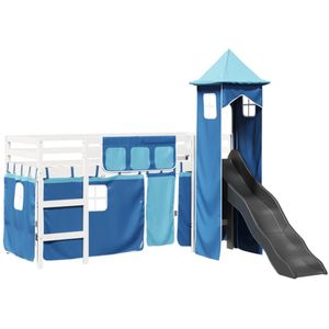 vidaXL Kinderhoogslaper met toren 90x190 cm massief grenenhout blauw