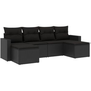 vidaXL 6-delige Loungeset met kussens poly rattan zwart