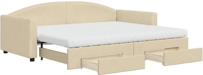 vidaXL Slaapbank met onderschuifbed en lades 90x200 cm stof crèmekleur