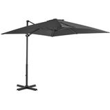 <p>Deze elegante hangende parasol is de perfecte keuze om wat schaduw te creëren en jezelf te beschermen tegen de schadelijke uv-straling van de zon. Het parasoldoek is gemaakt van UV-beschermend en anti-vervagend polyester, waardoor het je optimale bescherming tegen de zon biedt en gemakkelijk schoon te maken is.</p>
<p>De parasol beschikt over een stevige kruisvoet die bijdraagt aan de stabiliteit. Het exclusieve ontwerp van deze parasol stelt je in staat om de parasol te kantelen en 360 graden te draaien om zo de zon te kunnen blokkeren. De sterke aluminium paal, samen met de 8 duurzame baleinen, maakt de parasol zeer stabiel en duurzaam.</p>
<p>Onze tuinparasol kan eenvoudig geopend en gesloten worden dankzij het zwengelmechanisme. Het product is eenvoudig te monteren. Let op, wij adviseren om het doek te behandelen met een waterdichtmakende spray als hij wordt blootgesteld aan zware regenval.</p>
<ul>
  <li>Kleur doek: antraciet</li>
  <li>Materiaal: stof met PA coating en aluminium</li>
  <li>Totale afmetingen: 250 x 250 x 230 cm (L x B x H)</li>
  <li>Afmetingen kruisvoet: 64,5 x 64,5 cm (L x B)</li>
  <li>Met luchtventilatie en zwengelsysteem</li>
  <li>Kantelbaar en 360 graden draaibaar</li>
  <li>Inclusief 8 aluminium baleinen</li>
  <li>Materiaal: Polyester: 100%</li>
</ul>