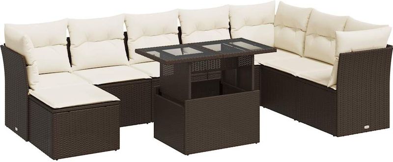 vidaXL 9-delige Loungeset met kussens poly rattan bruin