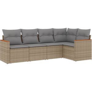 vidaXL 5-delige Loungeset met kussens poly rattan gemengd beige