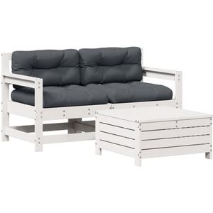 vidaXL 3-delige Loungeset met kussens massief grenenhout wit