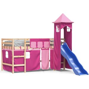 vidaXL Kinderhoogslaper met toren 80x200 cm massief grenenhout roze