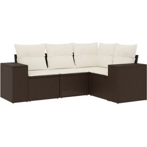 vidaXL 4-delige Loungeset met kussens poly rattan bruin