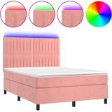 vidaXL Boxspring met matras en LED fluweel roze 140x200 cm